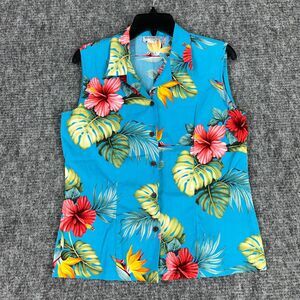 Bishop St‎ Shirt Womens Medium Blue Hawaiian Camp Beachy Made Hawaii Vintage 90s